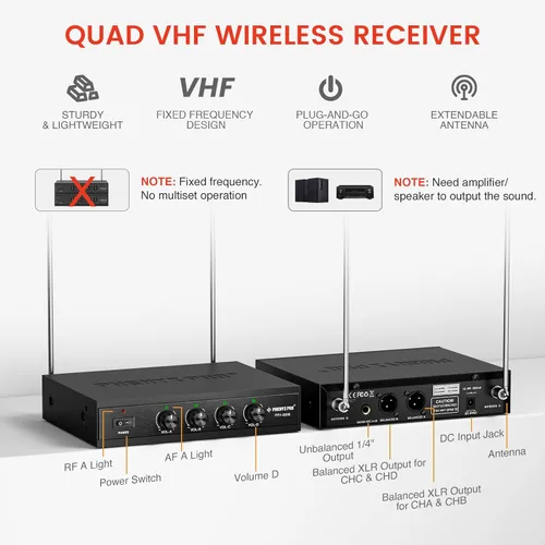 Vista 3 de Phenyx Pro Sistema de micrófono inalámbrico, juego de micrófono inalámbrico VHF de 4 canales con 2 portátiles/2 bodypacks/2 solapas/2 auriculares