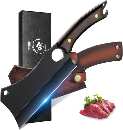 ROCOCO - Cuchillo de carnicero para carne con vaina - Cuchillo de corte de carne forjado a mano con funda para BBQ al aire libre, camping, idea de