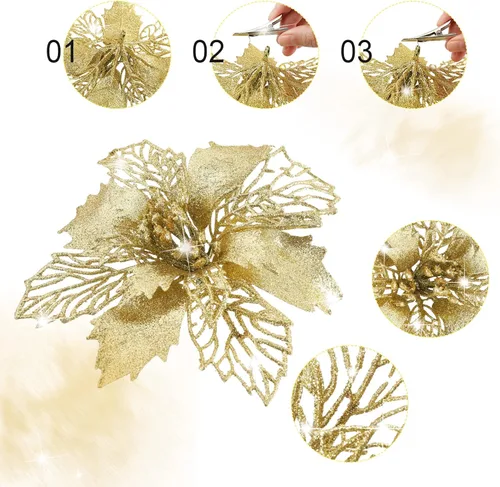 Vista 3 de Whaline 24 piezas de flores artificiales de Navidad con purpurina dorada con 24 clips para árbol de Navidad, adornos de flores para árbol