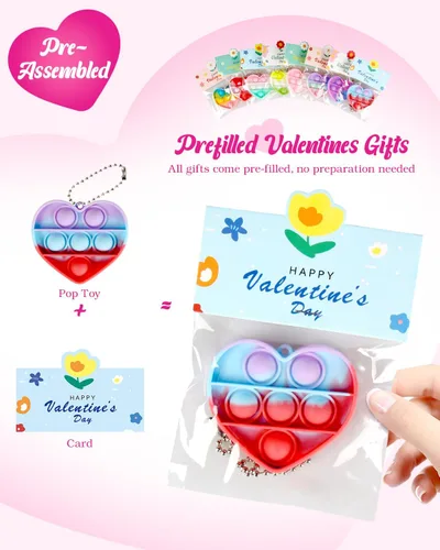Vista 9 de Paquete de 32 juguetes para ansiedad con forma de corazón para el día de San Valentín para niños, regalos a granel para el aula con llaveros