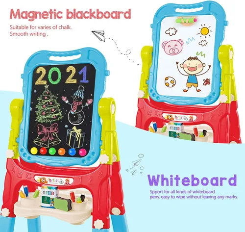 Vista 7 de Mojitodon Caballete para Niños, Caballete de Arte de Pie Giratorio de Doble Cara Ajustable con Accesorios de Pintura para Niños Pequeños, Niños