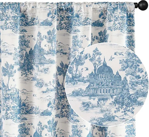Vista 31 de jinchan Cortinas Opacas Florales 95% de 63 Pulgadas de Largo, Cortina Opaca con Flores Impresas Azules para Dormitorio con Bolsillo para Varilla