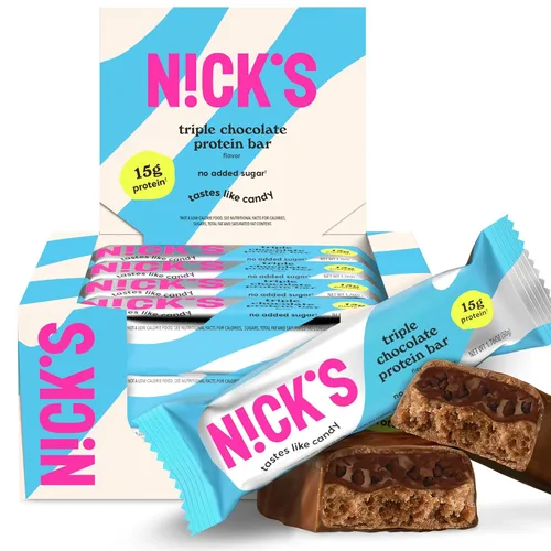 Vista 15 de Nick's Protein Bars Chocolate Alto en proteínas Bajas calorías Snacks bajos en carbohidratos aptos para dieta cetogénica sin azúcar añadido