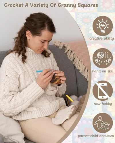 Vista 3 de Kit de Ganchillo Katech para Principiantes Adultos y Niños - Aprende a Tejer Kit de Cuadrado de Abuela con Video Paso a Paso - Suficiente Hilado