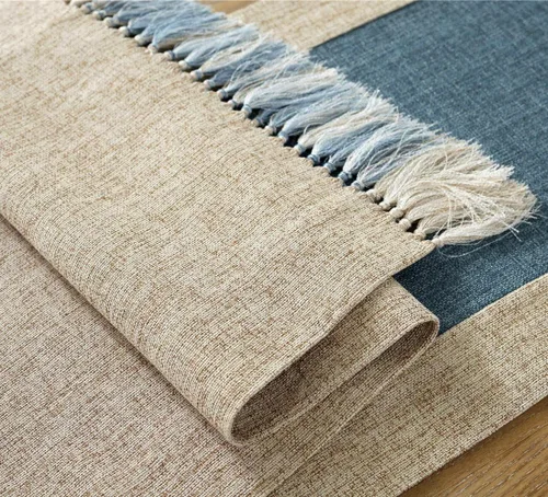 Vista 5 de Camino de Mesa Rústico Pesado con Flecos - Camino de Mesa de Lino Azul para Comedor y Sala de Estar - Estilo Bohemio de Granja - Lavable - Ancho 15