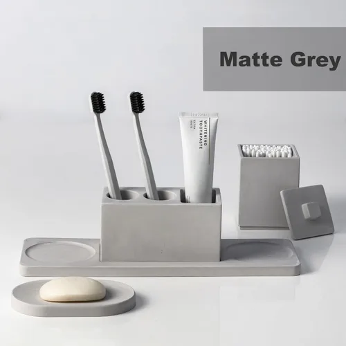 Vista 5 de Juego de accesorios de baño gris, diatomita, accesorios de baño para encimera completa con soportes para cepillos de dientes eléctricos, juego