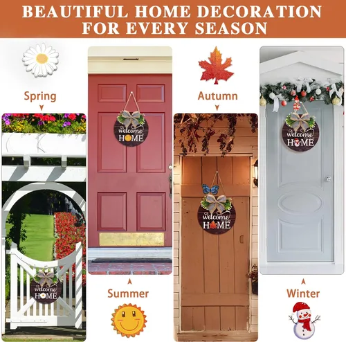 Vista 6 de Letrero de bienvenida de temporada intercambiable, decoración de puerta delantera, corona redonda de madera para exteriores, granja, porche