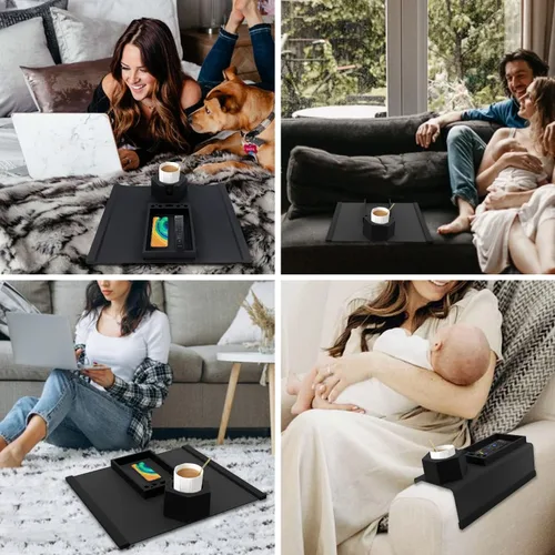 Vista 6 de Bandeja para portavasos de sofá, mesa de silicona antiderrames y antideslizante, bandeja para reposabrazos de sofá, soporte para taza para sofá
