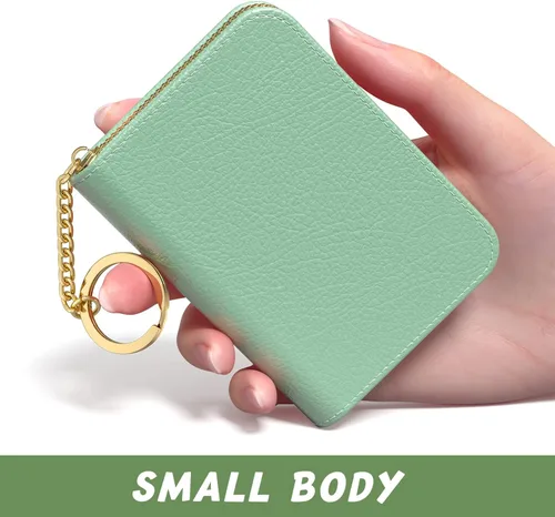 Vista 2 de Tarjetero de crédito para mujer, cartera pequeña para tarjetas RFID, funda organizadora de tarjetas de visita delgada de cuero con cremallera