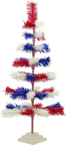 Vista 8 de Árbol de Navidad para el 4 de julio, cepillo de oropel mixto rojo, blanco y azul, estilo plumas, con base base, 18 pulgadas