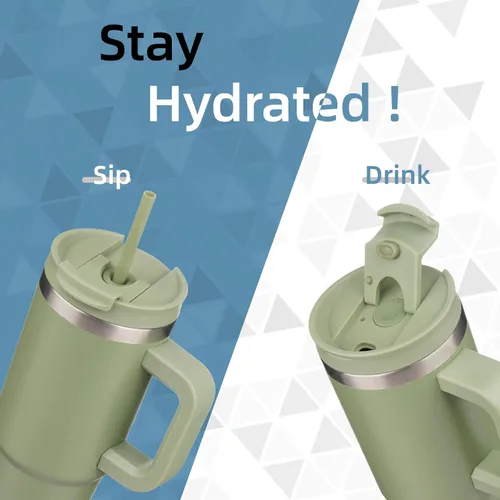 Vista 2 de Konokyo Vaso de 30 onzas con asa y 2 popotes, botella de agua aislada con tapa 2 en 1, taza de café de viaje de acero inoxidable, verde militar