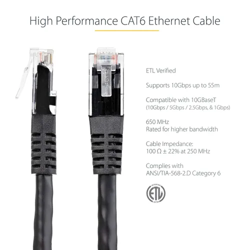 Vista 2 de StarTech.com Cable Ethernet CAT6 de 100 pies - Cable Ethernet CAT 6 Gigabit Negro -650MHz 100W PoE++ RJ45 UTP Moldeado Categoría 6 de Red/Conexión