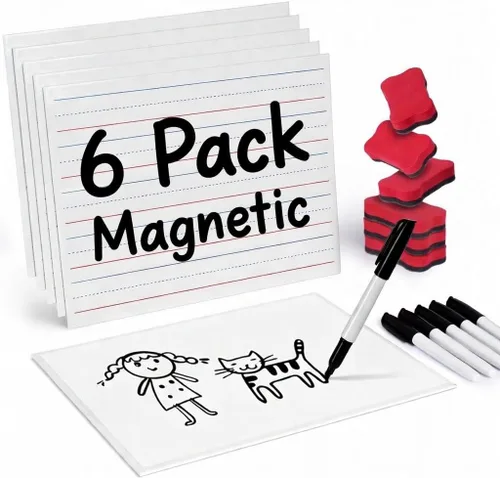 GAMENOTE Paquete de 6 pizarras magnéticas de borrado en seco para niños, 9 x 12 pulgadas, de doble cara y pizarras blancas en blanco con marcadores