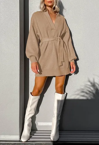 Vista 5 de Pink Queen Suéter de gran tamaño para mujer, con cuello en V, cuello en V, punto acanalado, manga larga, suéter sin botones