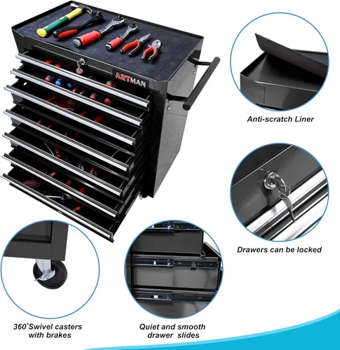 Vista 5 de Carro de herramientas con 7 cajones y ruedas, organizador multifuncional, baúl de herramientas con ruedas, caja de herramientas para taller, garaje