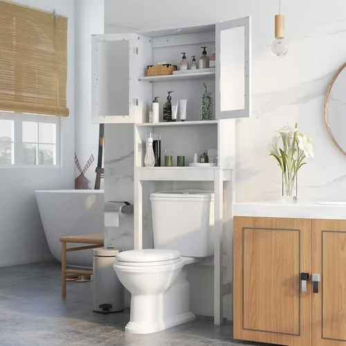 Vista 2 de Giantex Gabinete de almacenamiento sobre el inodoro, armario de baño independiente con 2 puertas de vidrio esmerilado, estante interior ajustable