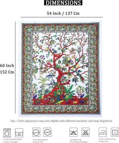 Vista 3 de The Art Box - Tapiz Blanco del Árbol de la Vida para Colgar en la Pared – De Algodón Indio, Colcha Doble, Manta de Pícnic, Decoración de Pared
