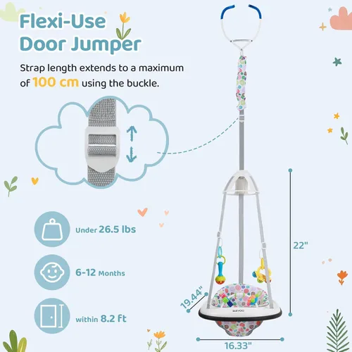 Vista 2 de Slevoo Saltador de bebé, puente de puerta de bebé con parachoques, bandeja de juego y dos sonajeros de cascabel, burbujas alegres