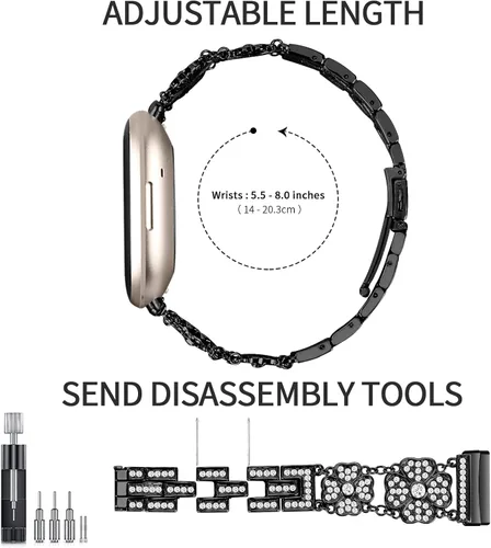 Vista 4 de Correa de muñeca diseñada para Fitbit Versa 4/Versa 3 Smartwatch Bling Bands para mujer, elegante pulsera de acero inoxidable de metal con diamantes