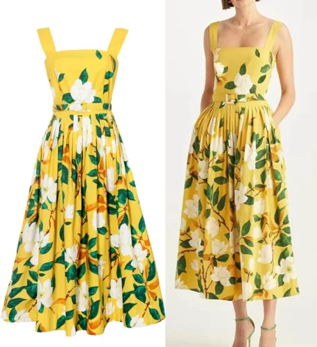Vista 2 de Elegamt - Vestido largo con estampado floral y flores amarillas, vestido largo midi con cinturón