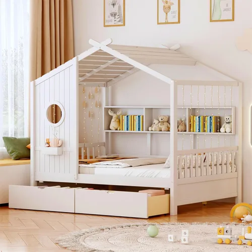Vista 5 de Cama de casa con tienda y estantería, 2 cajones, carga USB Espresso-tt