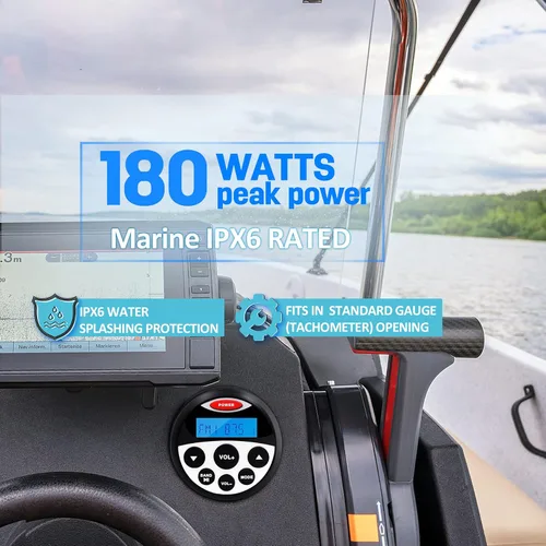 Vista 4 de Receptor estéreo marino para barco, Bluetooth, 45 x 4 vatios, audio AM FM calibre impermeable sintonizador de radio para barcos, carrito de golf