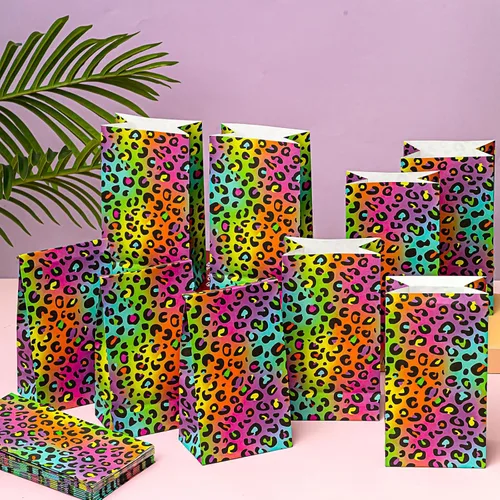 Vista 6 de Leinuosen 24 bolsas de papel de leopardo arcoíris neón, guepardo, regalo de fiesta de cumpleaños, guepardo, bolsas de papel para regalo de leopardo