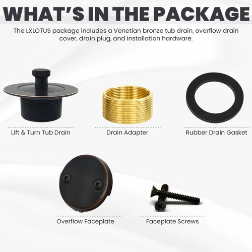 Vista 8 de Kit de drenaje de bañera de bronce veneciano - Levantar y girar - Desagüe de bañera de bronce, cubierta de drenaje de desbordamiento y tapón