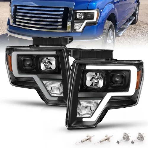 AmeriLite para camioneta Ford F150 2009-2014, juego de faros delanteros LED de barra cuadrada, proyector halógeno negro, haz alto/bajo incluido,