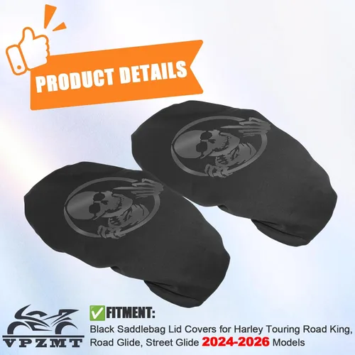 Vista 2 de Fundas negras para tapa de alforja para Harley Davidson Touring Road King, Road Glide, Street Glide, Electra glide modelos 2024 en adelante