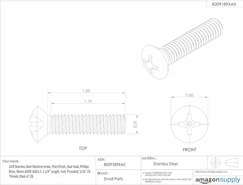 Vista 3 de Small Parts Tornillo de máquina de acero inoxidable 18-8, acabado liso, cabeza ovalada, unidad Phillips, cumple con ASME B18.6.3, 2-1/2 pulgadas