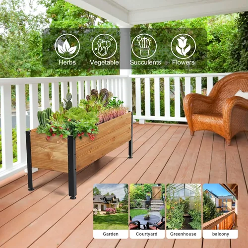 Vista 4 de OIPRTGFJ Maceta rectangular de madera para jardín, cama de jardín elevada para exteriores, macetas para plantas al aire libre, 37 x 13 x 15