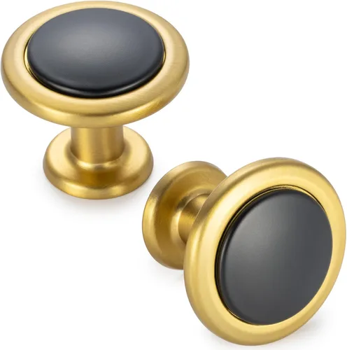 KOOFIZO Paquete de 10 pomos de gabinete negros y dorados para cocina, pomos de cajón negros y dorados mate, tiradores redondos de un solo agujero