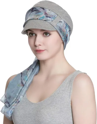 Vista 13 de Alnorm Juego de gorro y pañuelo de algodón transpirable para quimioterapia para mujeres Negro Rosado