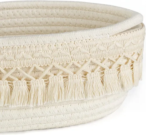 Vista 7 de Dahey Cesta pequeña tejida de macramé y cuerda de algodón decorativa de macramé, decoración bohemia para guardería, juguetes de bebé, manta