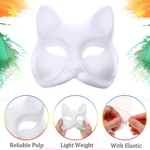 Vista 3 de Libima 50 máscaras de papel maché para bricolaje, máscara en blanco de gato y zorro con banda elástica, animal blanco pintable para fiestas