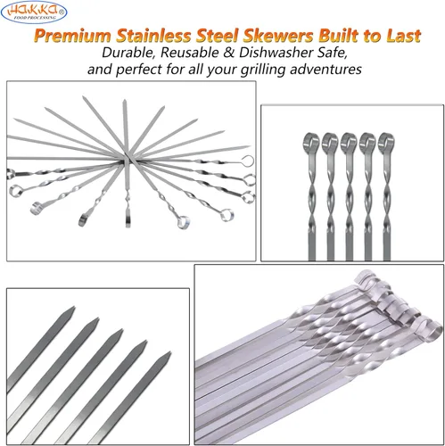 Vista 3 de Hakka - Brochetas de acero inoxidable para barbacoa, 23.6 pulgadas, pinchos de metal resistente para asar palitos grandes y anchos reutilizables