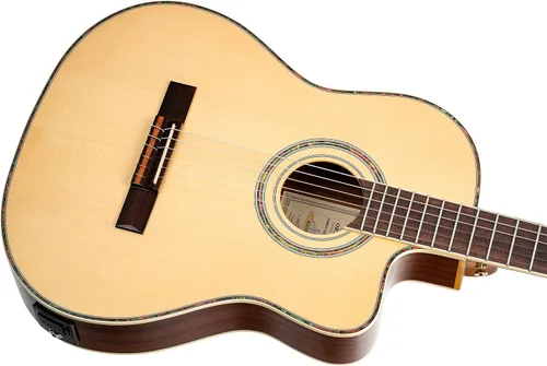 Vista 5 de Ortega Guitars 6 cuerdas Family Series Pro Solid Top Thinline Guitarra clásica de nailon acústico eléctrico con bolsa, derecha, completa (RCE145NT)