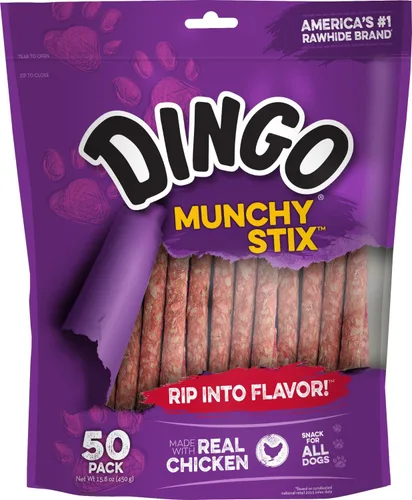 Dingo Munchy Stix Golosinas para perros de cuero crudo hechas con pollo real, 50 unidades
