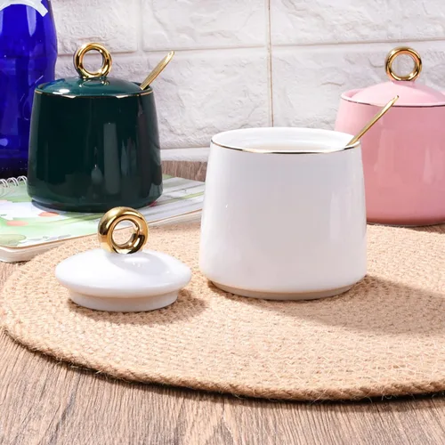 Vista 2 de Tazones de azúcar de cerámica con cuchara de acero inoxidable tazón de sal con tapa para el hogar y la cocina, color blanco