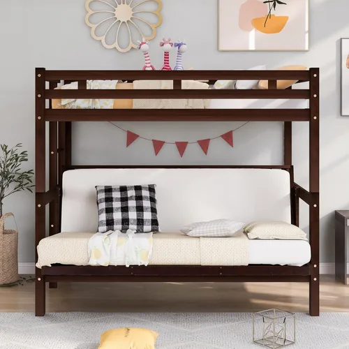 Vista 20 de Elegante litera individual sobre matrimonial con escaleras y barandillas de seguridad, la cama de plumón se puede convertir en sofá cama