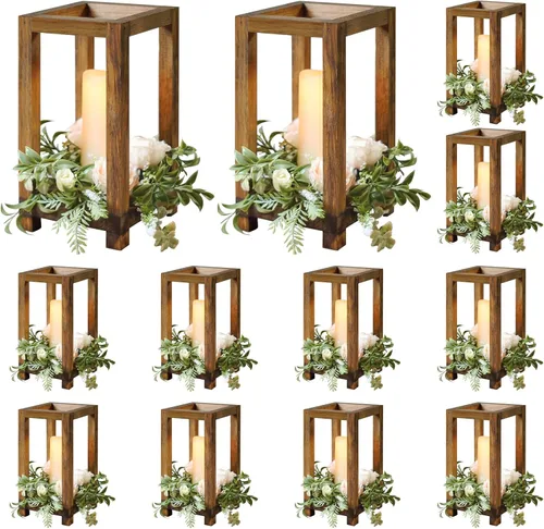 12 linternas de madera para centros de mesa de boda decorativos, portavelas rústico decorativo para fiesta de boda, linterna de vela sin llama para