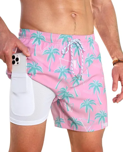 Vista 10 de Gleeease Traje de baño para hombre de 5 pulgadas con forro de compresión, bolsillos, cordón, secado rápido, elástico, divertido, playa, natación