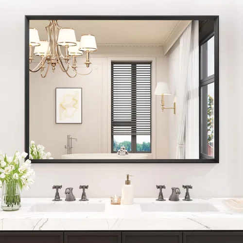 Vista 36 de JISOSO - Espejo de baño negro de 20x30 pulgadas con marco de metal negro, espejo de tocador rectangular redondeado con acabado mate para pared