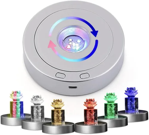 Vista 8 de Base LED giratoria: pantalla de rotación positiva y negativa con 7 luces, base de luz LED de grano de madera para arte de cristal de cristal, bonita