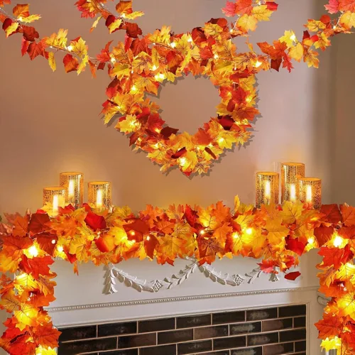 Vista 10 de Paquete de 2 guirnaldas de hojas de arce para decoración de otoño con luces, funciona con pilas, guirnalda de decoración de otoño para el hogar
