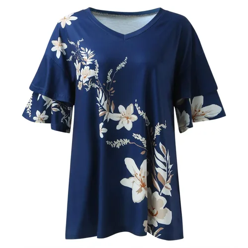 Vista 3 de Womens Casual Summer Tops V Neck Floral T Shirts Short Sleeve Shirt Tunic Top Womens Active Short Sleeve