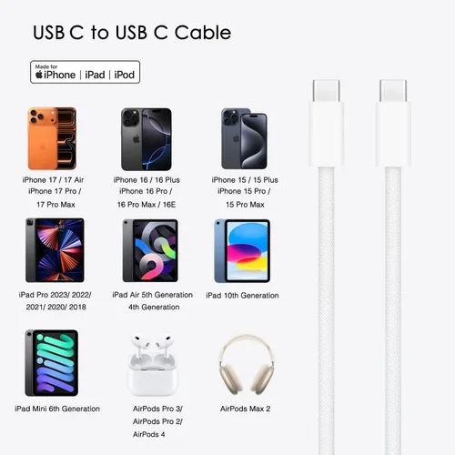 Vista 4 de Nuevo cable de carga AirPods 4, AirPods Pro 3, cable tejido USB C a USB C para AirPods Pro (2ª/3ª generación) auriculares inalámbricos, iPhone