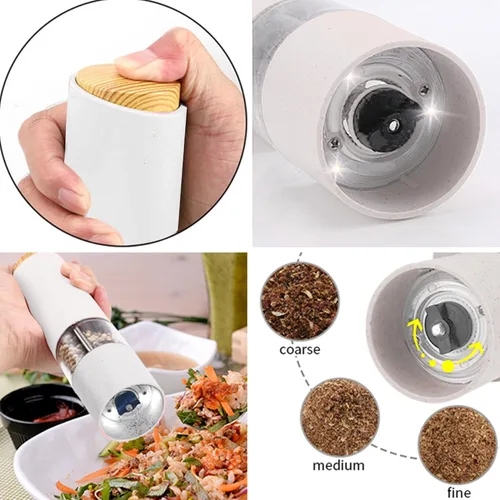 Vista 7 de MEHIDFY Juego de molinillo eléctrico de sal y pimienta, paquete de 2 molinos de sal y pimienta, funciona con pilas, molinillo automático de sal