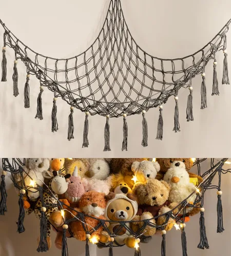 Vista 12 de Hamaca de Almacenamiento de Juguetes de Animales de Peluche con Luz LED - Decoración Organizadora de Muñecas Jumbo de Macramé para Esquina